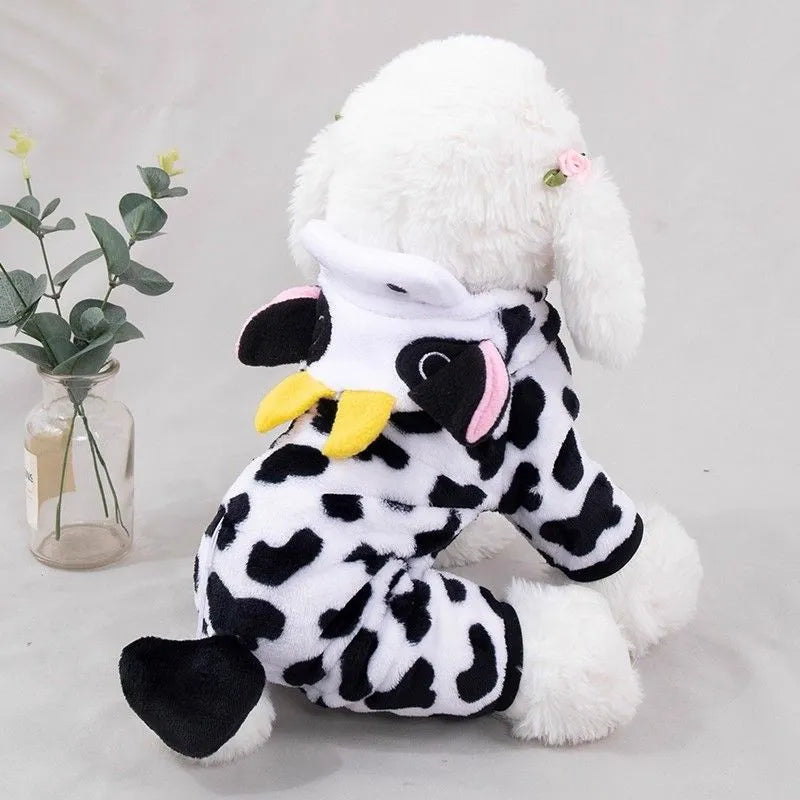 Dog Cow Outfit Adorable Pet Dress-Up Clothes with 3D Horns, Black White Spotted Dog Onesie