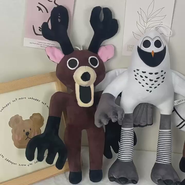 99Nights Dark Brown Humanoid Deer Plush Doll - Black Antlers Pink Ears Big Black Eyes Open Mouth Collectible Toy with Hanging Loop